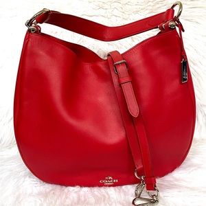 Coach Red Leather Hobo Shoulder Bag with Silver Hardware
